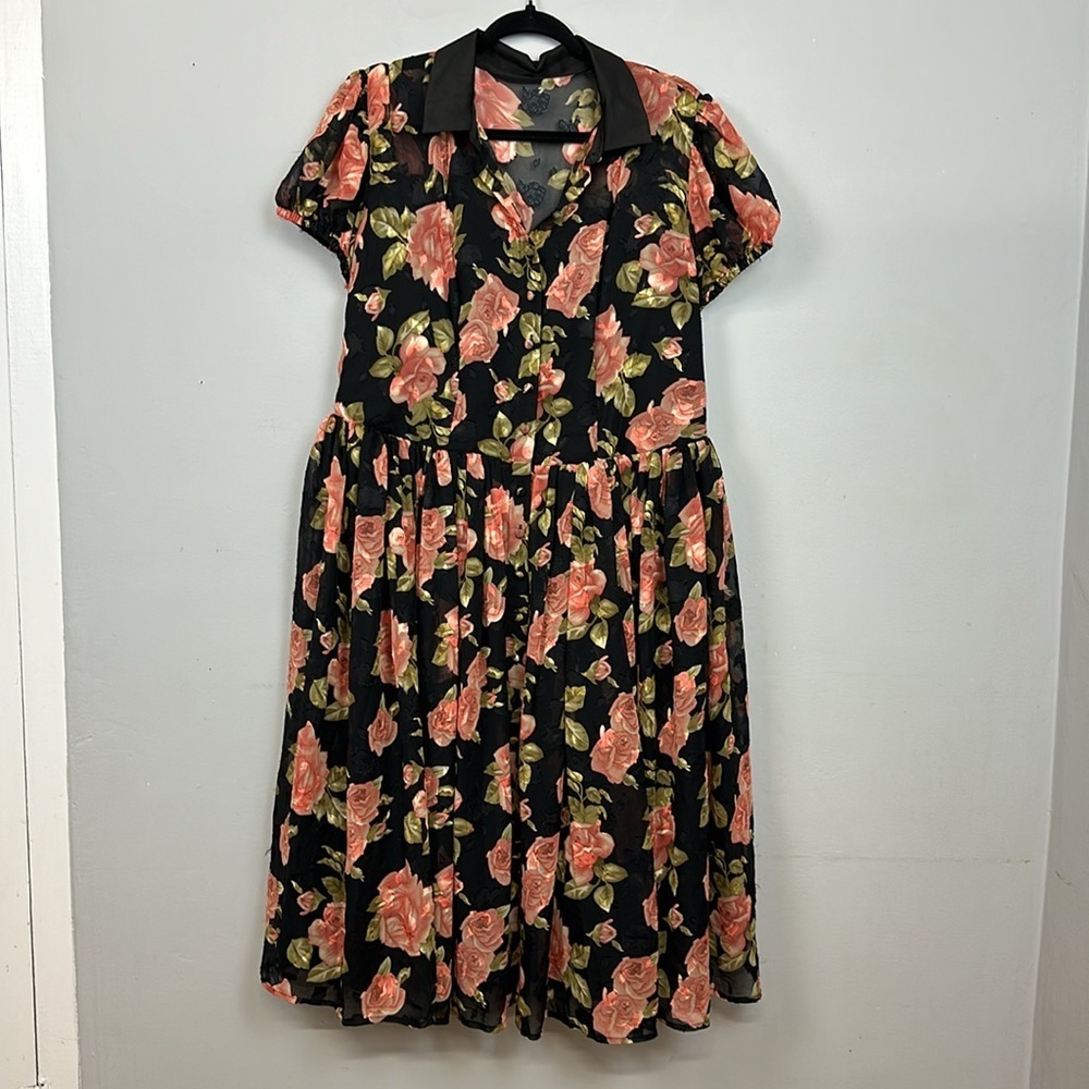 Unique Vintage Black Floral Fit-and-Flare Dress with Peach Roses - Picture 6 of 13